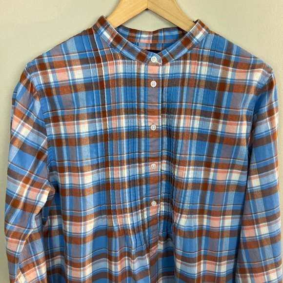Lands End Flannel Shirt 14 Women Plaid Orange Blue Popover‎ Long Roll Tab Sleeve - Picture 3 of 11